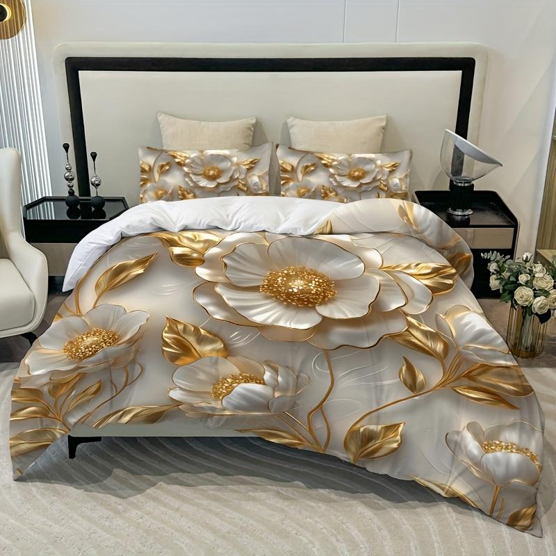 3pcs Golden Golden Edge Flower Quilt Set (1 Duvet Cover + 2 Pillowcases Coreless) White 3D Carved Series High Definition