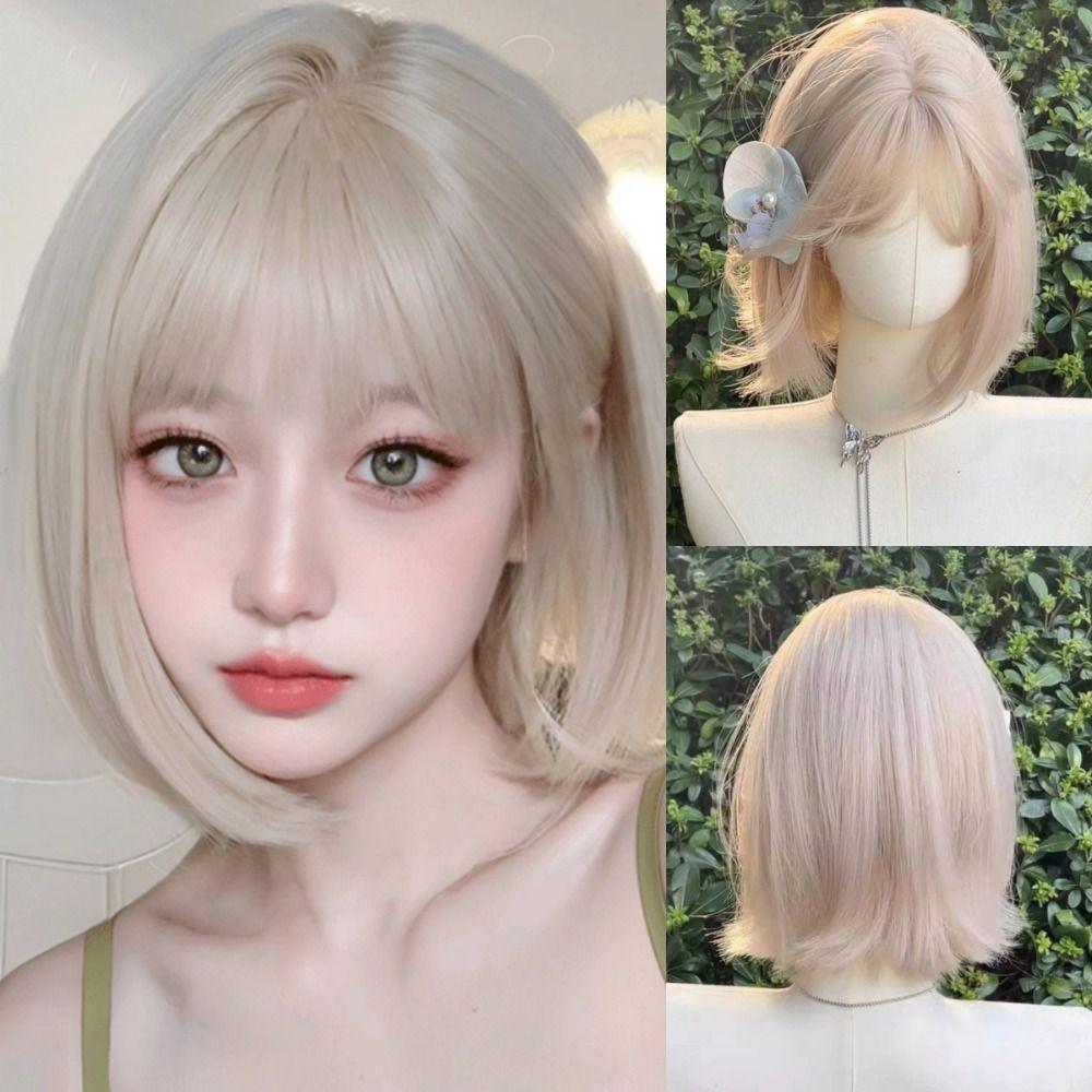 Lolita Short Bobo Hair Hair Extension Synthetic Wigs with Bangs Blond Anime Cosplay Wigs  Daily
