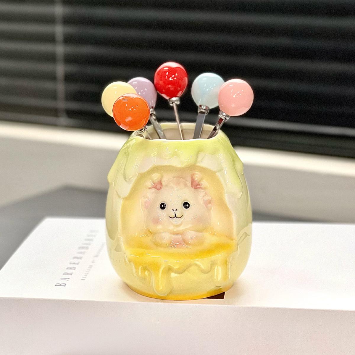 

1 Набор бытовых кухонных десертных вилок для фруктов из нержавеющей стали, набор банок для хранения фруктовых вилок, подходит для свадеб, банкетов, подарков желто-зеленый