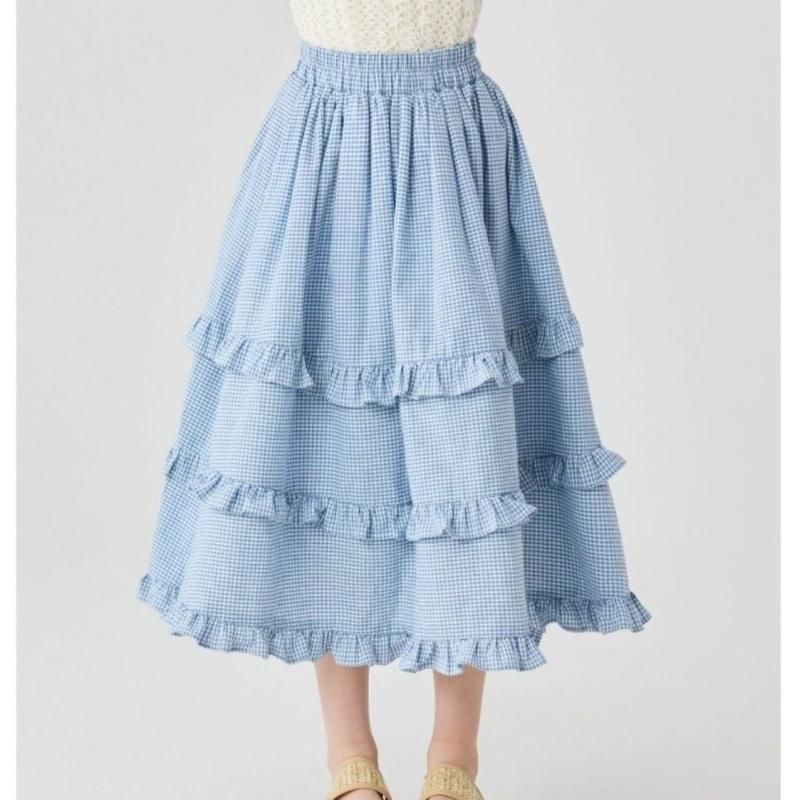 Girls' Fashionable Cake-style Skirt - Spring/Summer Children's Blue Ruffled Checkered Half-length Skirt
