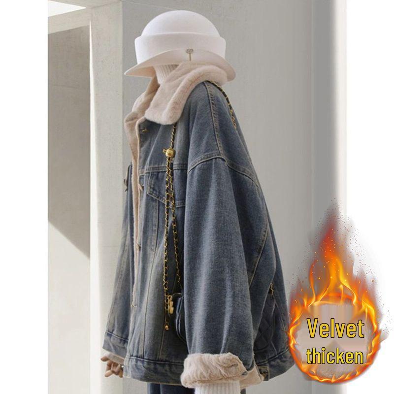 

Женская ретро джинсовая куртка с подкладкой из толстого велюра - Свободная и повседневная для осени/зимы 2025. S 90-110 jin