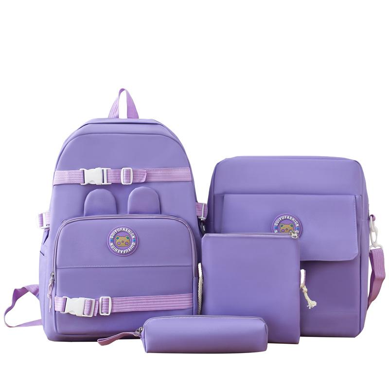 Elementary Solid Color School Bag Girls Large Capacity Canvas Backpack Set College Style Backpack