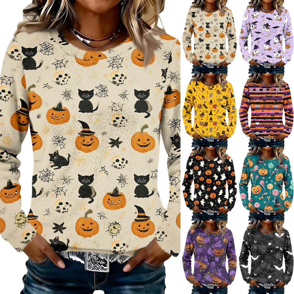 Women's Flannel Long Sleeve Top with Halloween Print Neck Pullover Shirt