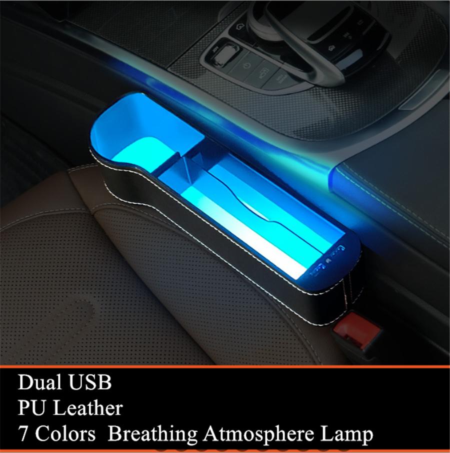 Left Side Car Seat Crevice Gap Storage Box Cup Holder 2 USB Colorful LED Light