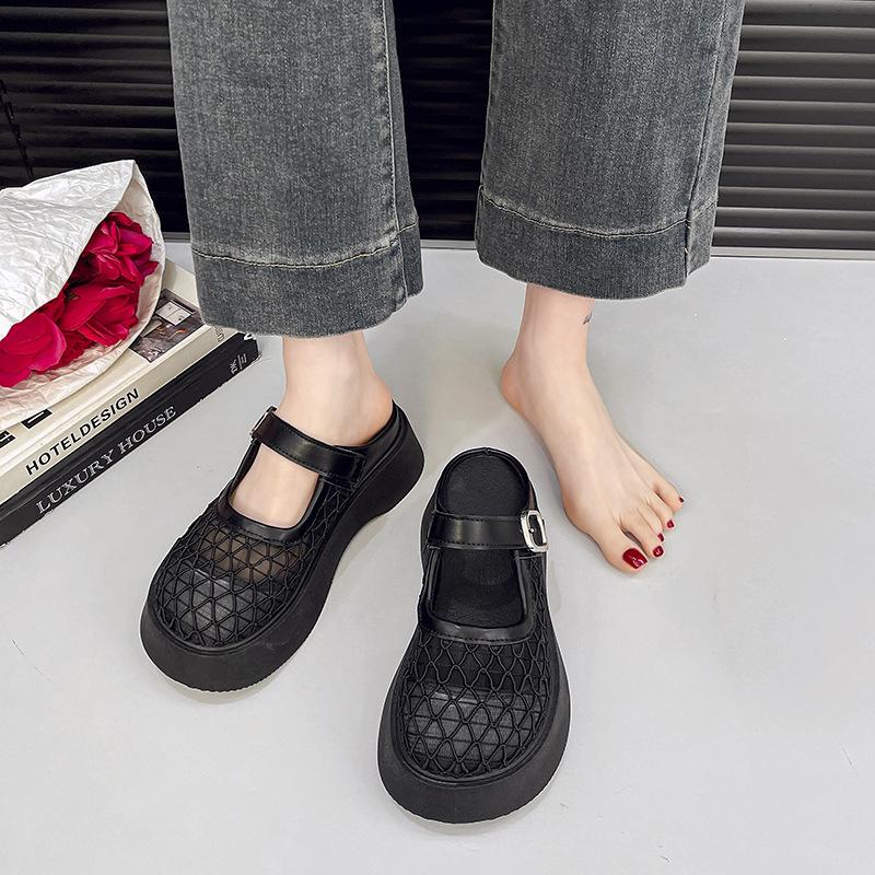 2025 New Mesh Hollow Big Head Metal Buckle Thick Bottom Muffin Heightening Small Bag Head Half Slippers Women's Shoe Holder