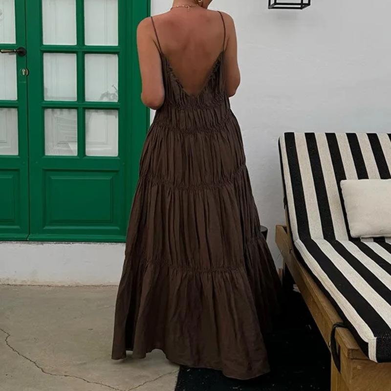 Women's Temperament, Elegant and Fashionable Suspender Pleated Solid Color High-waisted Long Dress