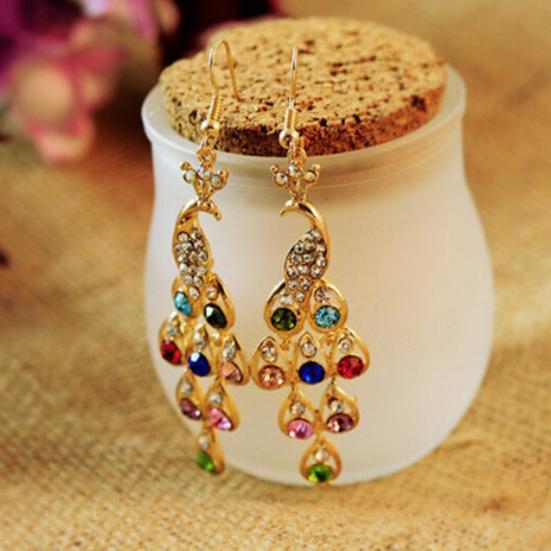Women Bohemian Retro Peacock Eardrop Pendant Rhinestone Big Dangle Drop Earrings