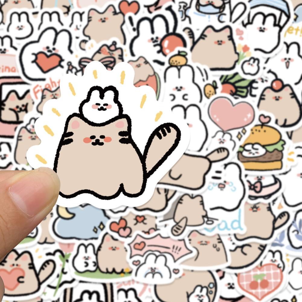 60 Cartoon Cat and Rabbit Doodle Stickers Trolley Box Water Cup Diary Waterproof DIY Stickers