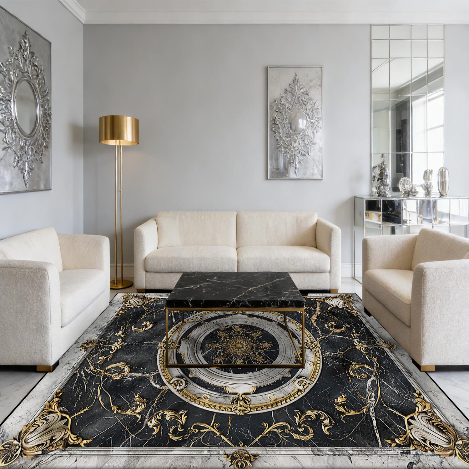 

European Gold Black Large Carpet for Living Room Luxury Decoration Bedroom Area Rug Washable Marble Non-slip Alfombra Tatami Mat 50x80cm