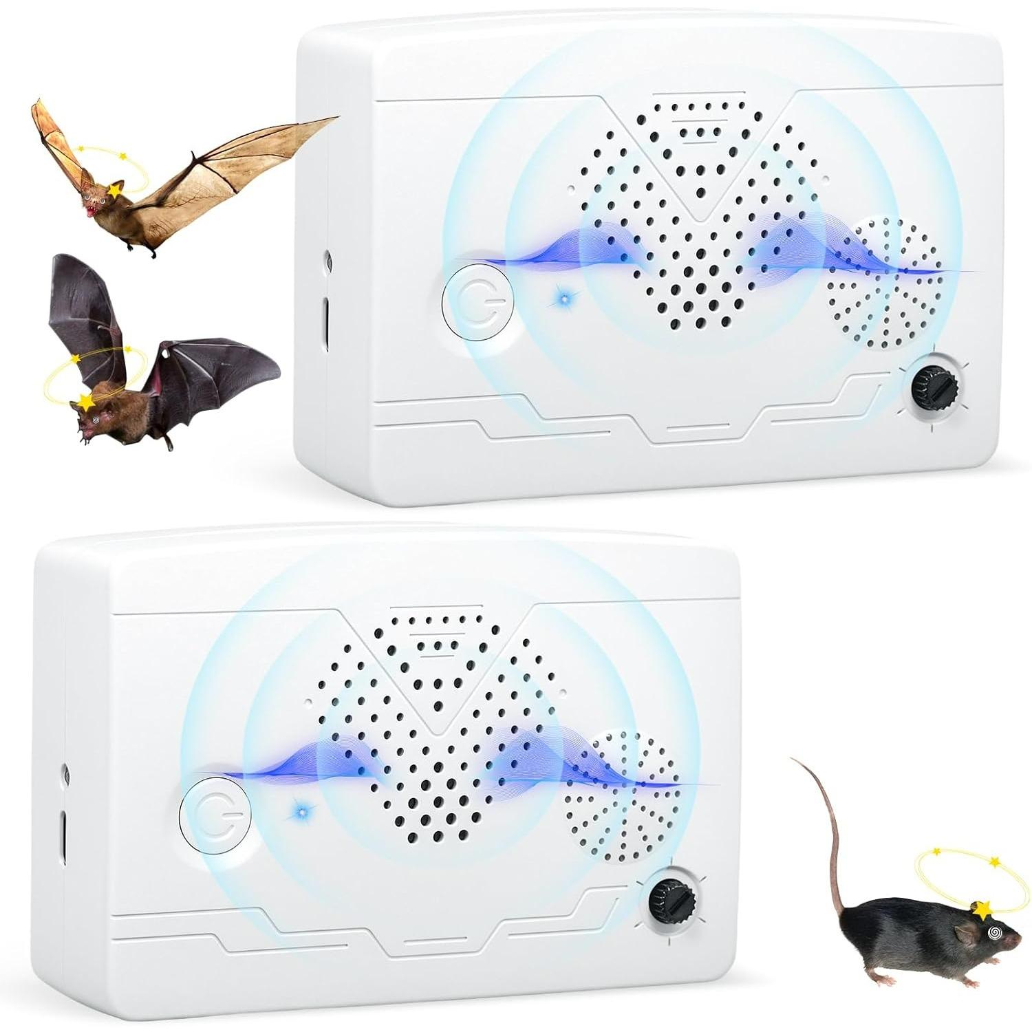 

2 Pack Ultrasonic Bat Removal System - Keeps Bats Away from Attic, Porch, House; Humane & Pet-Friendly Exclusion Device