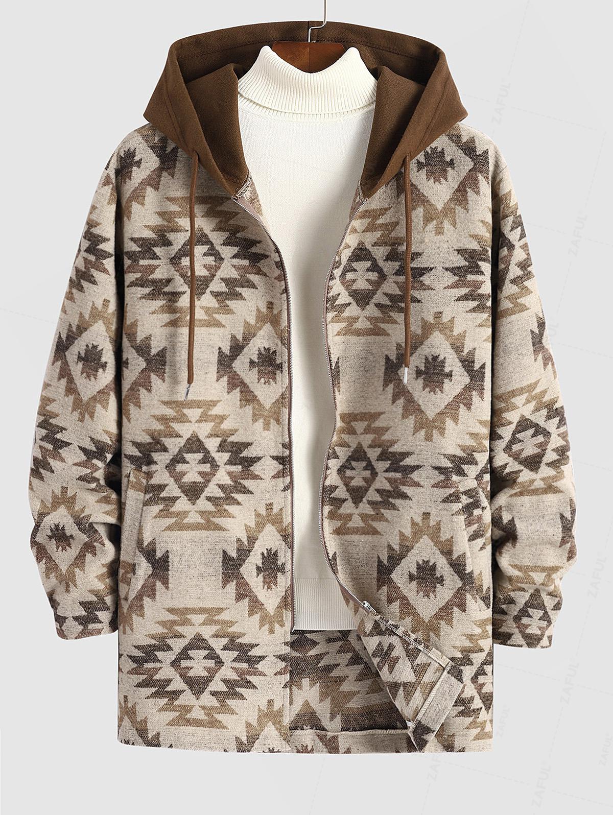 

ZAFUL Men s Colorblock Zip Up Longline Woolen Aztec Ethnic Geometric Print Pocket Hooded Coat S света кофе