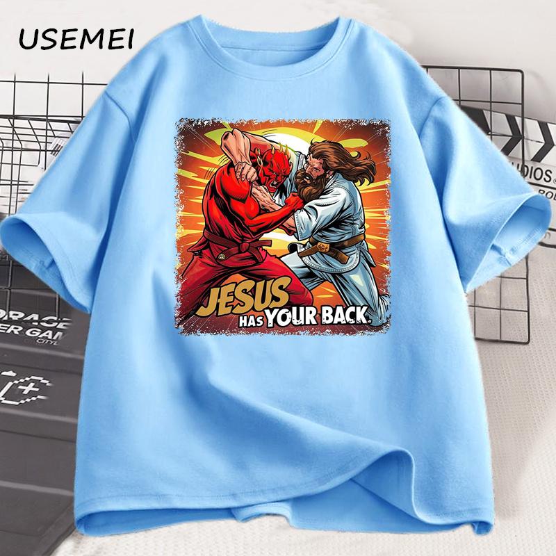 Ježíš ti kryje záda Jiu Jitsu Retro Křesťanské Tričko Pánské Bavlněné Tričko s Krátkým Rukávem Streetwear Unisex Oblečení Grafická Trička