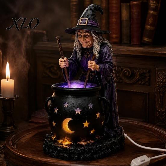 Halloweenowa Statuetka Kociołka Czarownicy ze Świecącym Kociołkiem, Zasilana przez USB Żywica Czarna Kreatywny Prezent dla Przyjaciół Figurka Garnka Zielona/Fioletowa LED