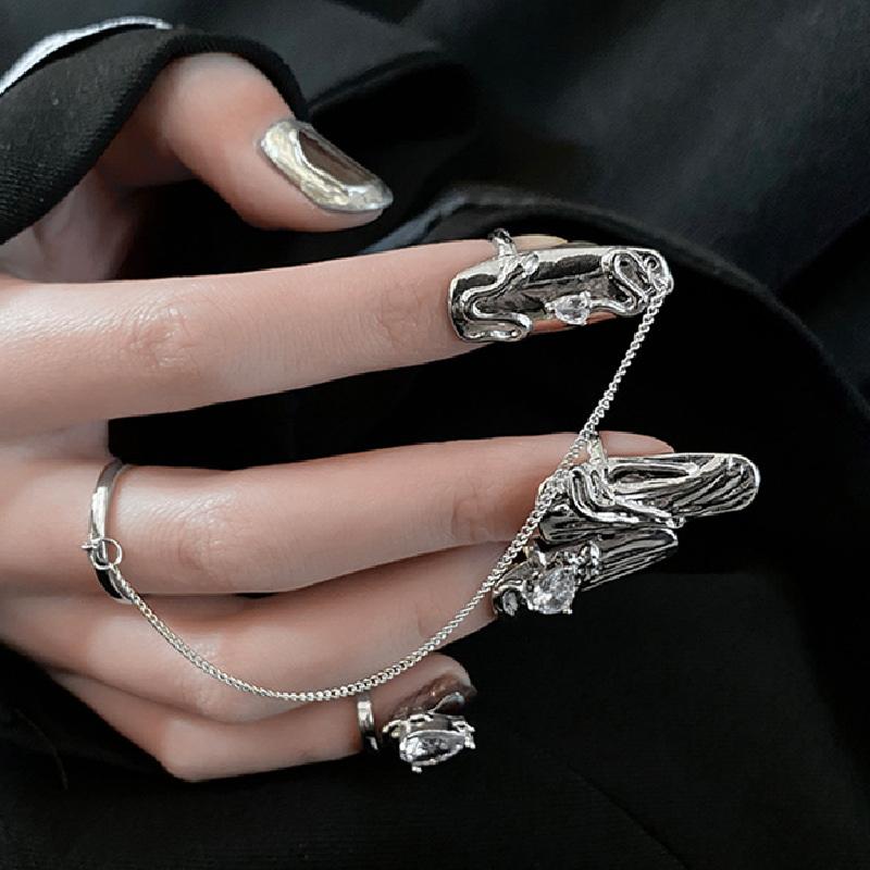 4/5Pcs Fingertip Ring Irregular Metal Silver Color Finger Ring Set Women Alloy Finger Cot Chain Nail Ring Party Jewelry