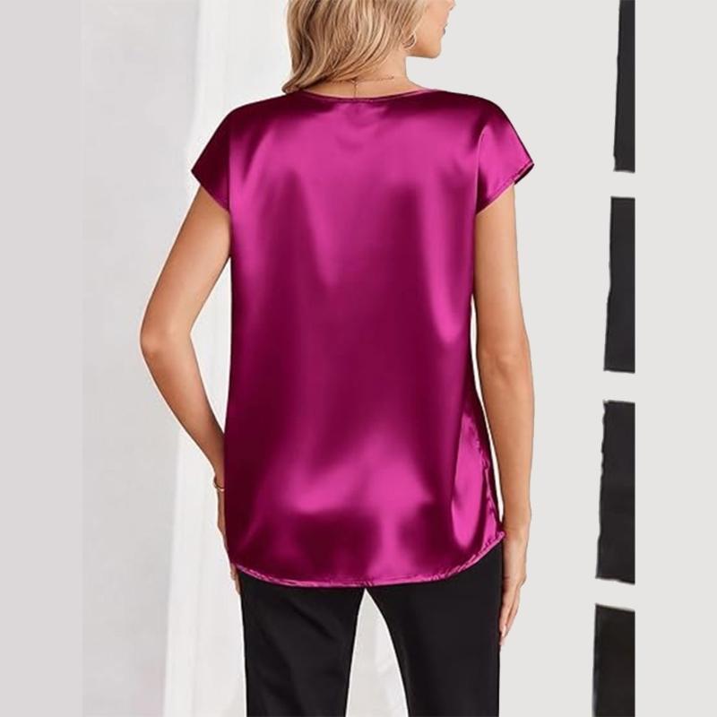 Damen Oberteile Mode Lässig V-Ausschnitt Kurzarm Bluse Business Lässige Oberteile Satin Seide Sommerhemd Arbeits Tuniken Oberteile