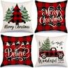 Set of 4 Modern Farmhouse Christmas Throw Pillow Covers Suitable for Fall, Double-Sided Geometric Tree & Truck Cushion Cases with Hidden Zipper, Inch