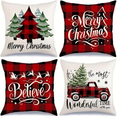 Set of 4 Modern Farmhouse Christmas Throw Pillow Covers Suitable for Fall, Double-Sided Geometric Tree & Truck Cushion Cases with Hidden Zipper, Inch