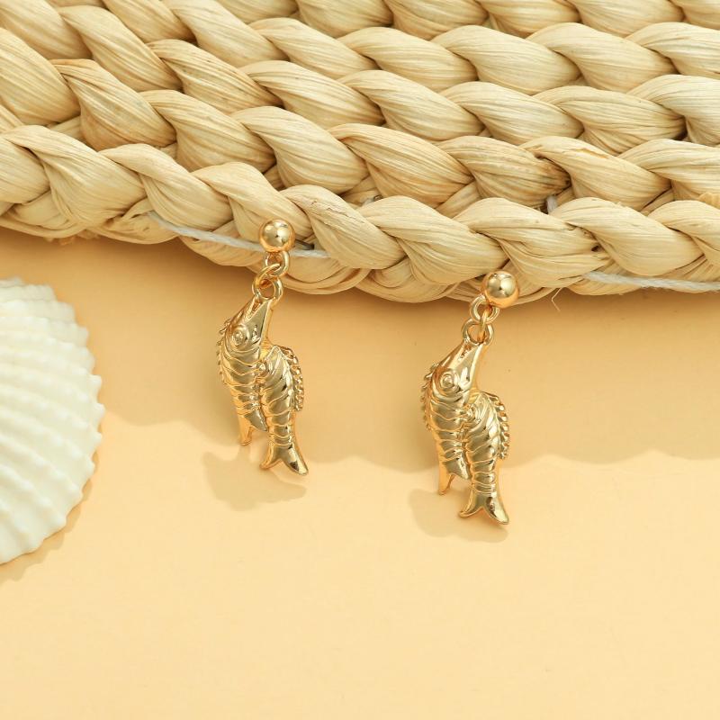 Titanium Steel Small Fish Earrings, Retro Artistic Style Long Earrings, Stainless Steel Gold-Plated Color Preserving Jewelry