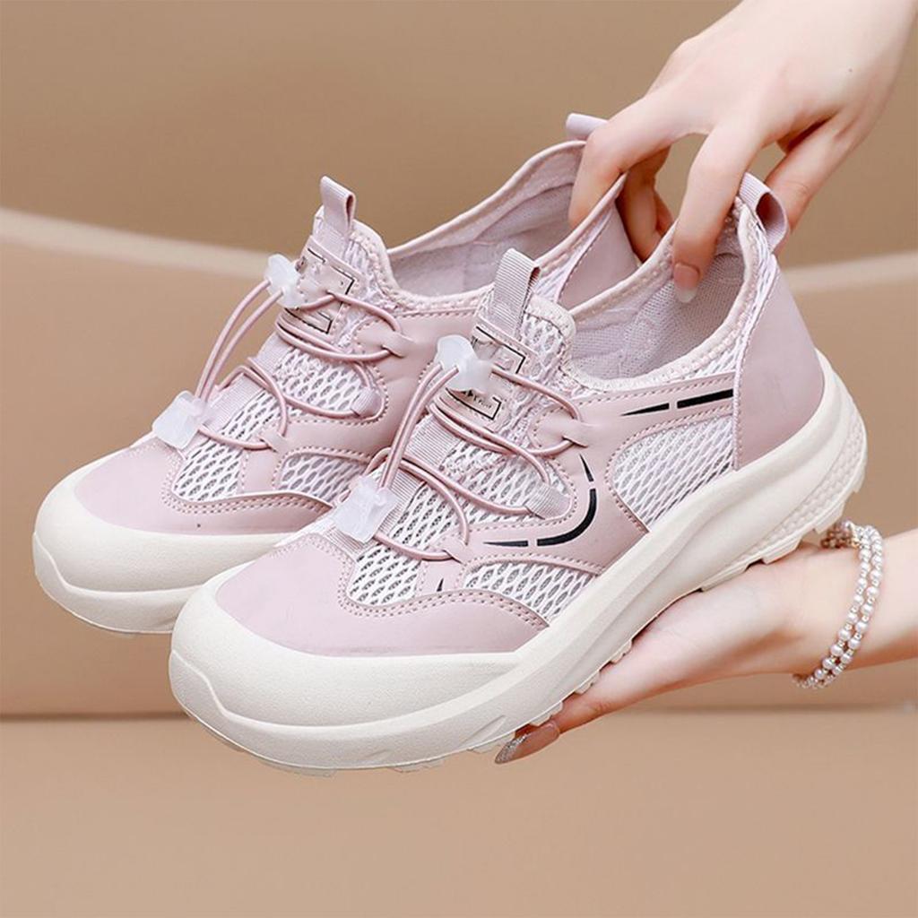 Women's Breathable Mesh Athletic Shoes Lightweight Slip-On Sports Sneakers with Elastic Adjustable Laces and Cushioned Sole for Outdoor Activities