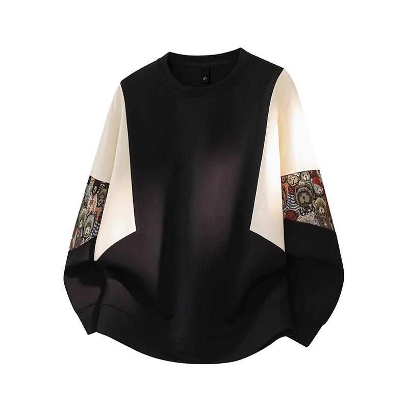 ACU Menswear Fleece-Lined Men's Sweatshirt - Autumn/Winter 2026, Bear Sleeve Patchwork, Jacquard, Round Neck, Color Block Design