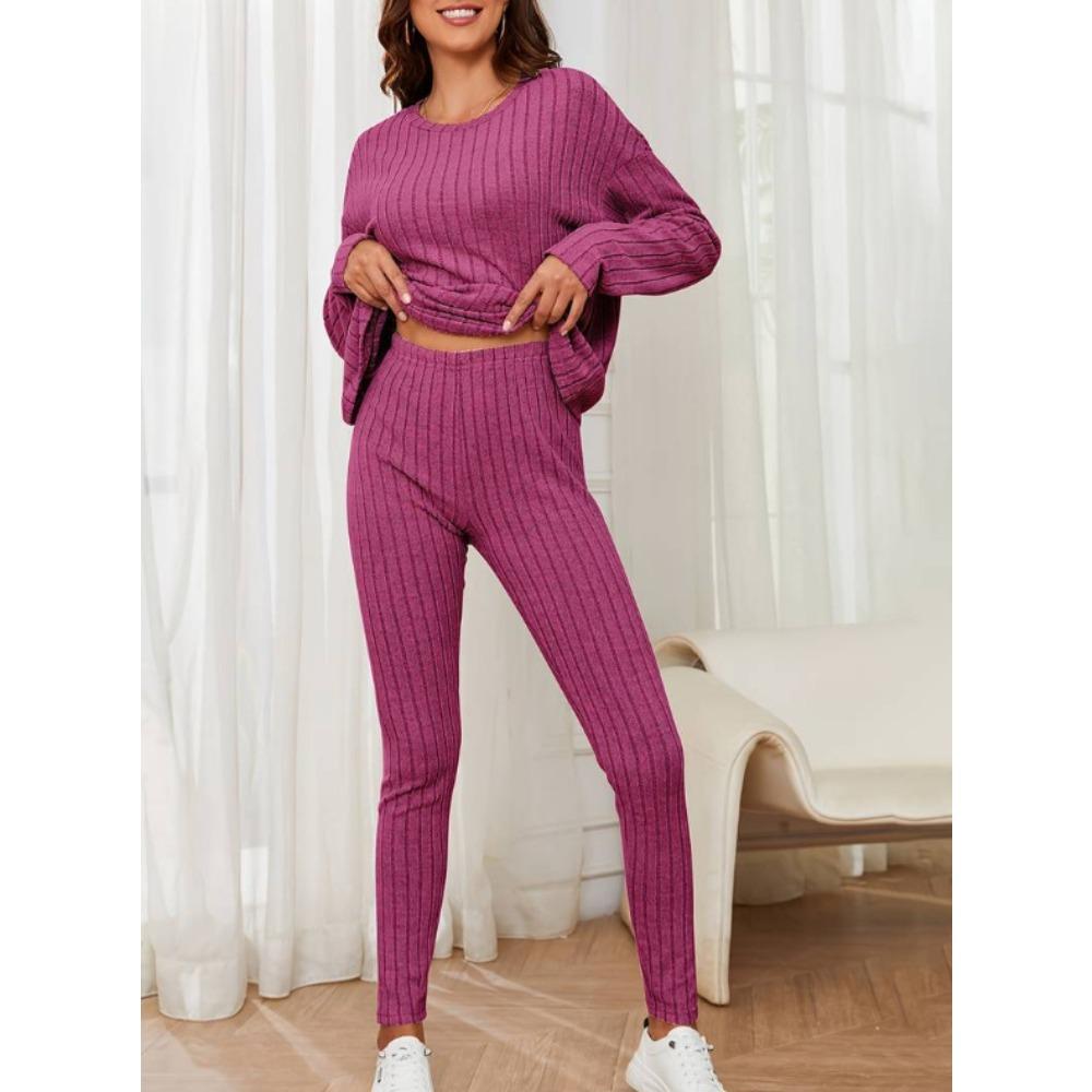 2 Piece Set Women Autumn New Fashion Casual Elegant Loose Crew Neck Ribbed Knit Outfit