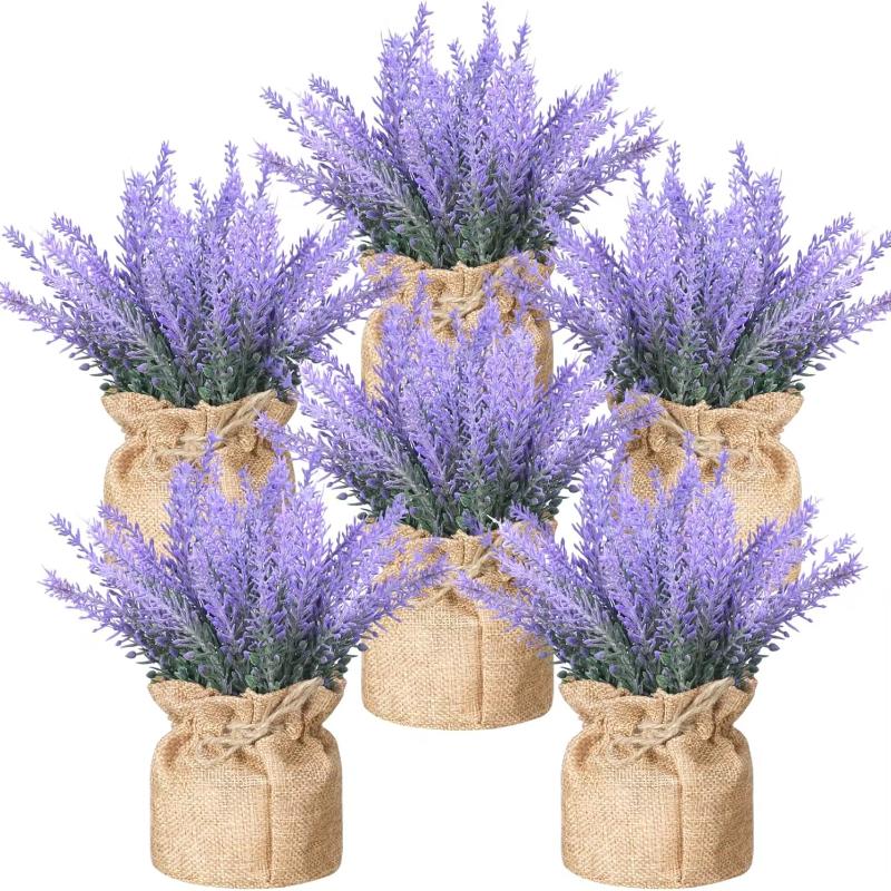 Artificial Lavender Plant Small Fake Lavender Flowers Decor in Burlap Bag Rustic Potted Plant for Kitchen Farmhouse Home Decor