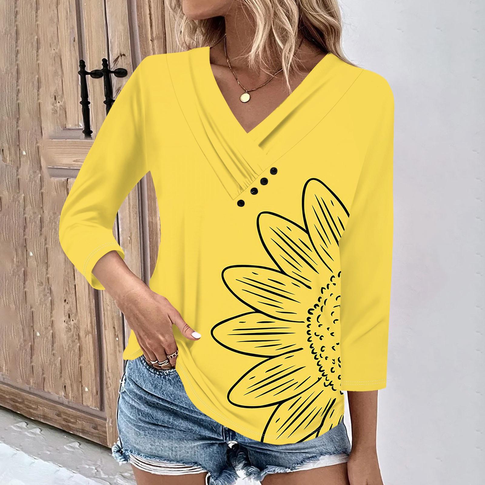 

Женские повседневные футболки с рукавом 3/4 для выходных с V-образным вырезом и принтом, свободные плиссированные футболки, женская блузка XXL