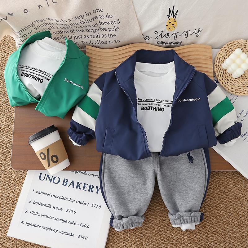 Boys' long sleeved 3-piece set, Children's zipper striped jacket, round neck white letter T-shirt, Casual pants