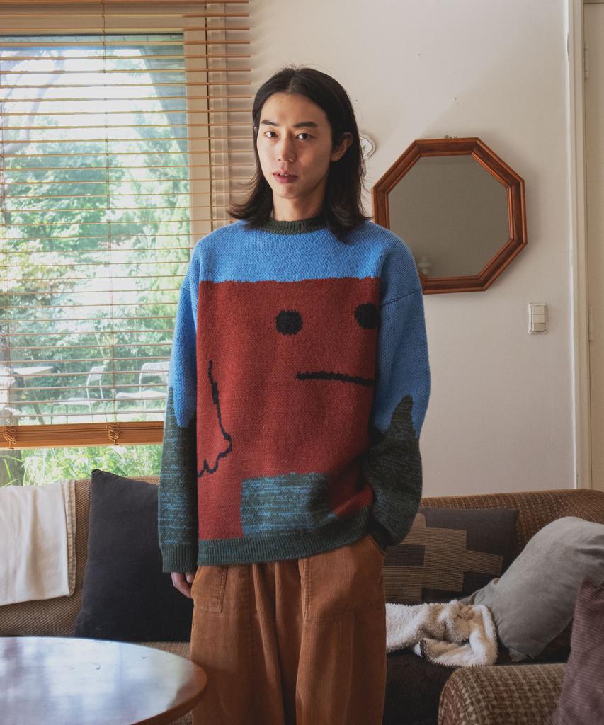 GROUNDWORK Square Man Knit Sweater / Blue-Brown Mix