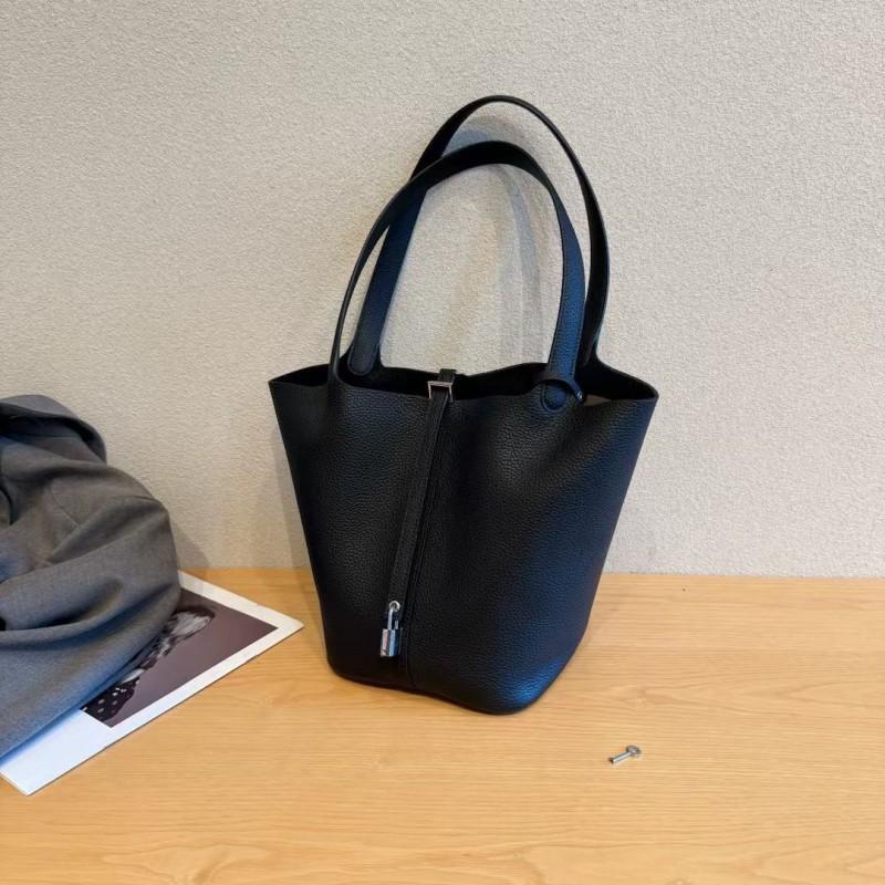 First-layer TC Cowhide Hand-carried Vegetable Basket Bag Leather Underarm One-shoulder Handbag Fashionable Casual Large-capacity Bucket
