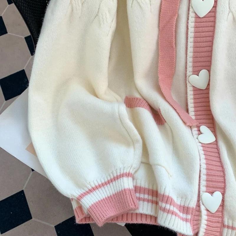 Women's Heart Shaped Buttons Cardigan with Hooded Autumn Threaded Pattern Loose Casual Tops Beige Color Contrast Sweater