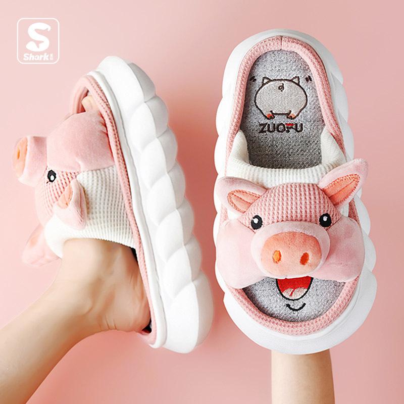 Fashion Animals Slippers Women Platform Shoes Cute Cartoon Thick Sole Home Slippers Pink Pig Slipper Ladies 4 Seasons Cotton Flax Slides
