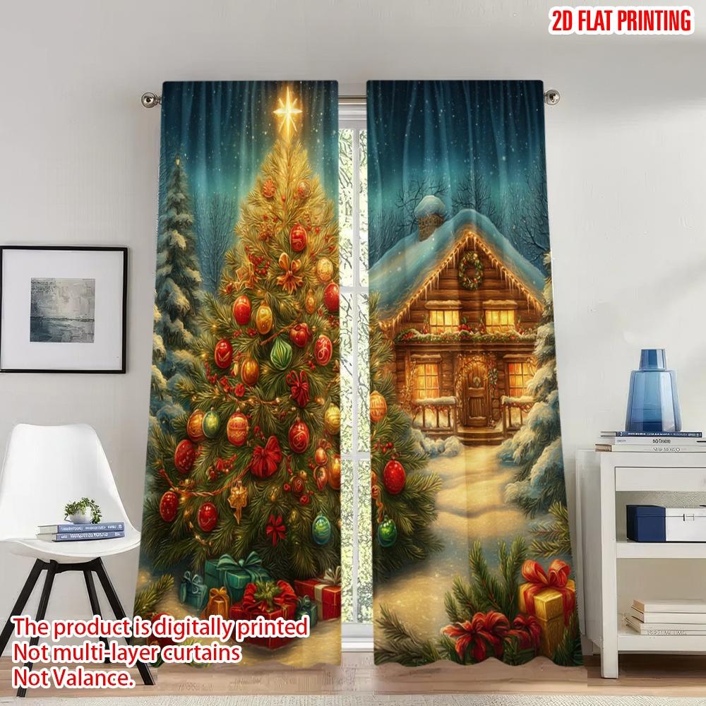

Set Of 2 Flat Printing Fashionable Christmas Curtains House Snowfall Gifts Digital Printed Polyester Drapes Holiday Curtain W100*H70(CM)-Rod Pocket&2PCS