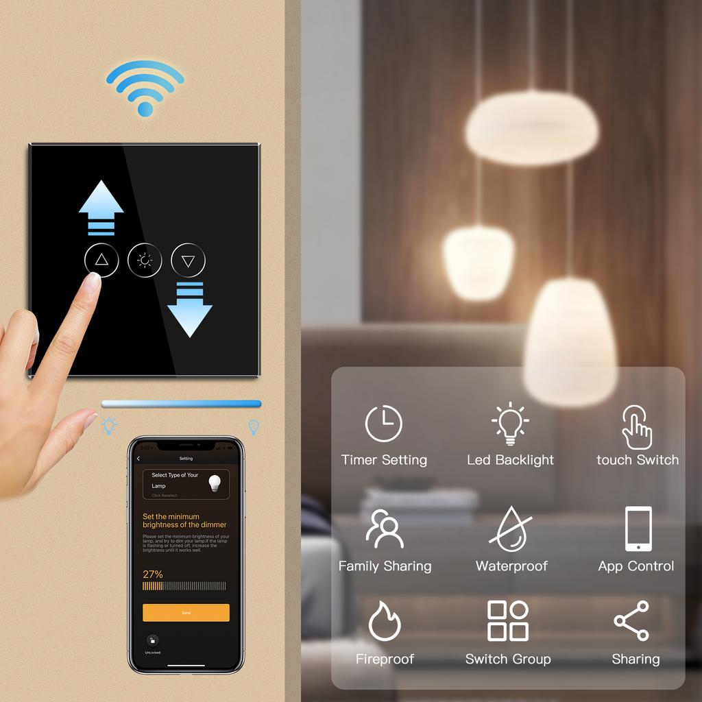 BSEED Wifi Smart Dimmer Switches Tuya Smart Life Goolgle Home Control Plus Normal Type-c USB EU Socket Glass Panel Black