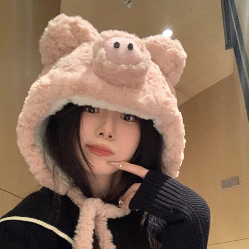 Furry Pig Ear Hat for Adult Teens Plush Earflap Hat for Shopping Skiing Windproof Beanies Hat for Cold Weather Headwear