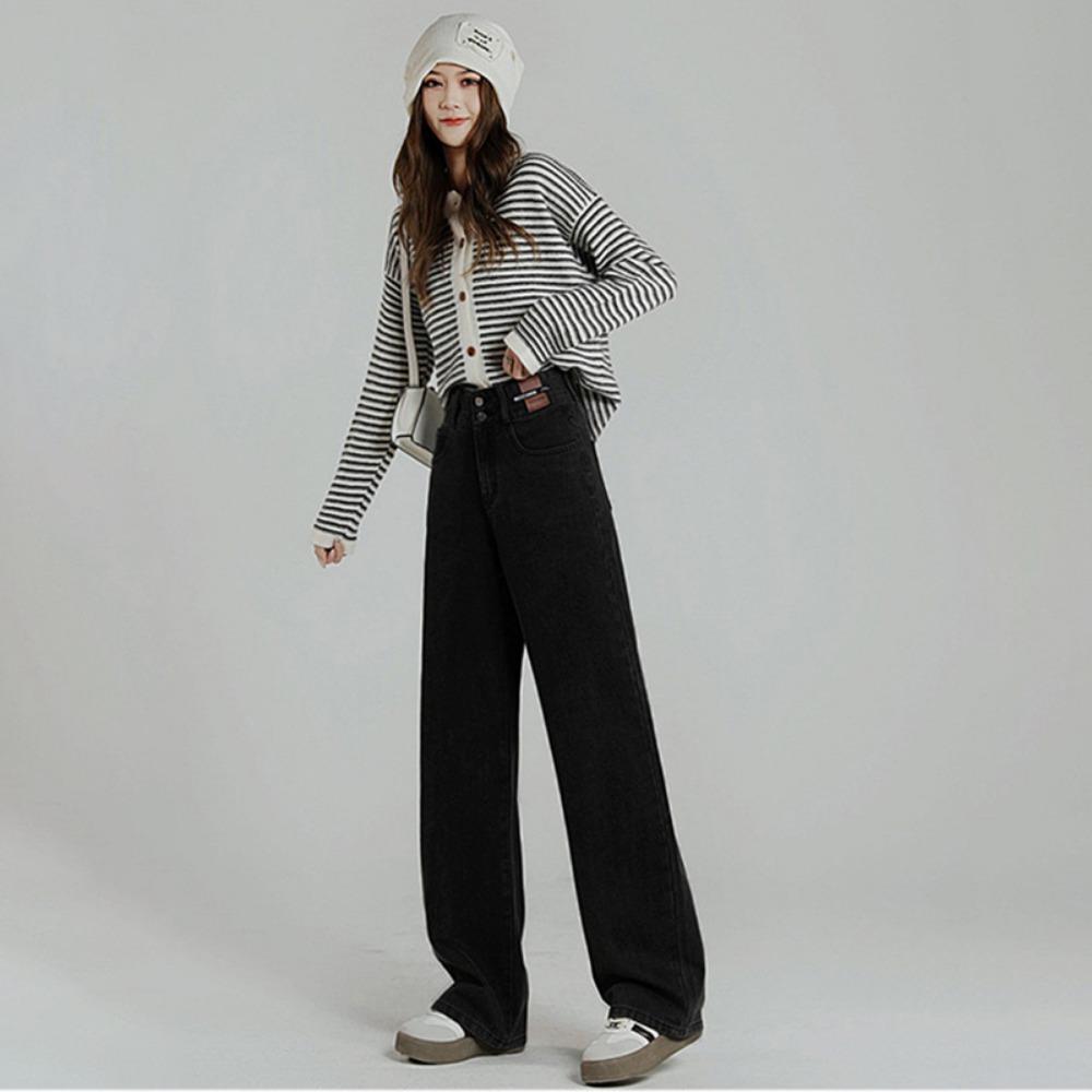 Autumn and winter 2025 double-breasted Spice Girl high-waisted jeans women's drape and thin straight-leg pants design sense niche tide