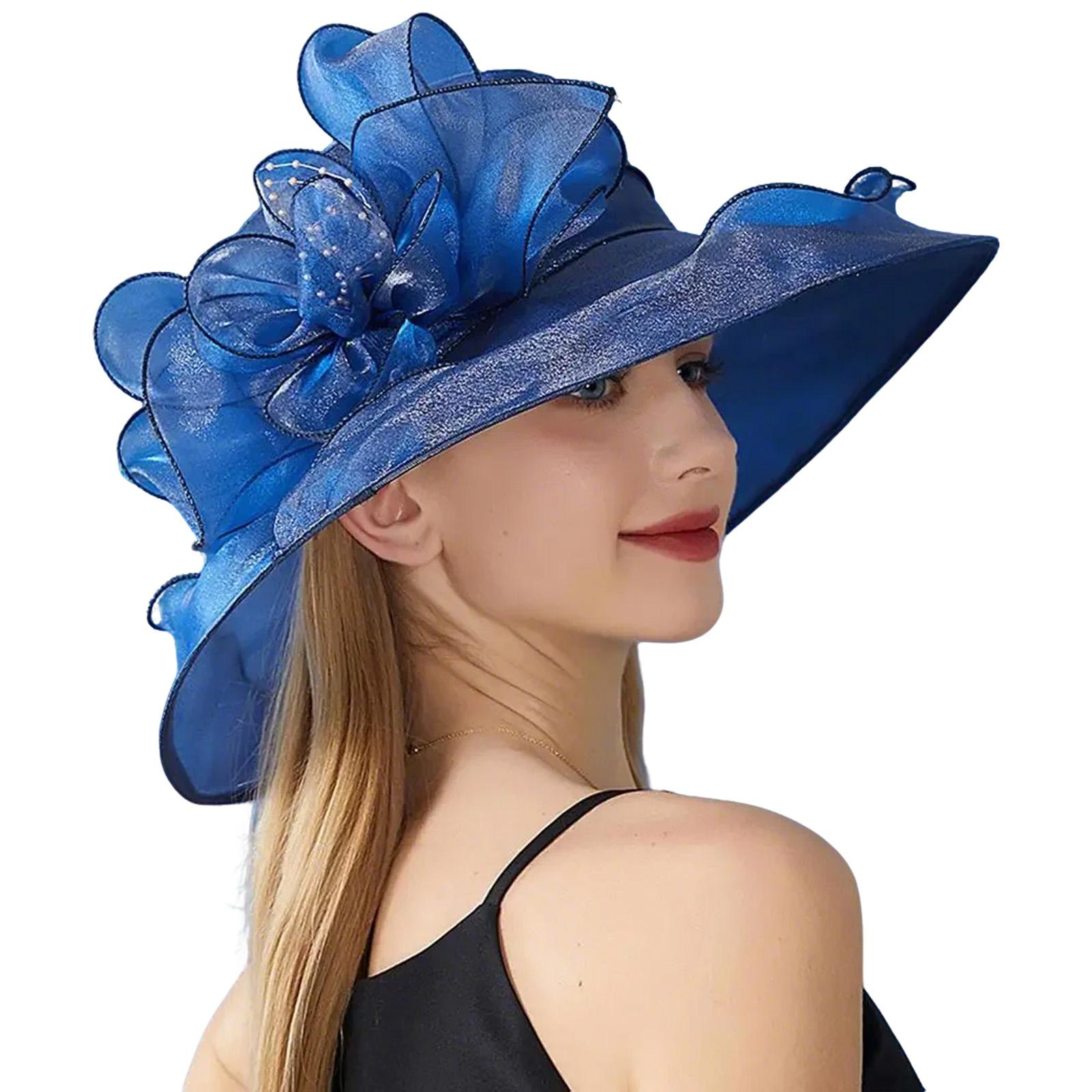 

Elegant Women s Sun Hat with Floral Accent and Foldable Design Perfect for Church Weddings Beach Trip Outdoor темно-синього кольору