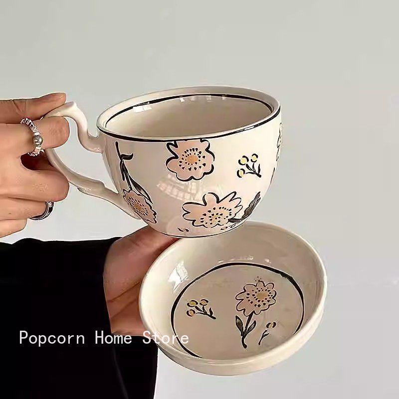 Retro Rural Style Large Capacity Ceramic Breakfast Cup with Crank Flowers Coffee Cup Dish Cups Lid Set Household Milk Mug Gift