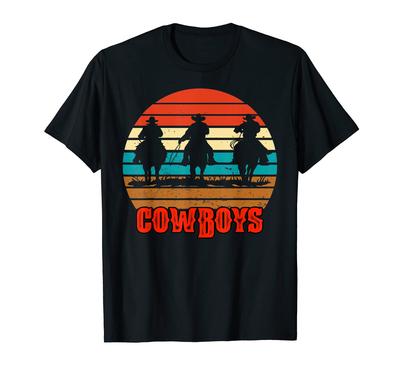 Rodeo Cowboy and Wrangler Bronco Horse Retro Style Sunset T-Shirt