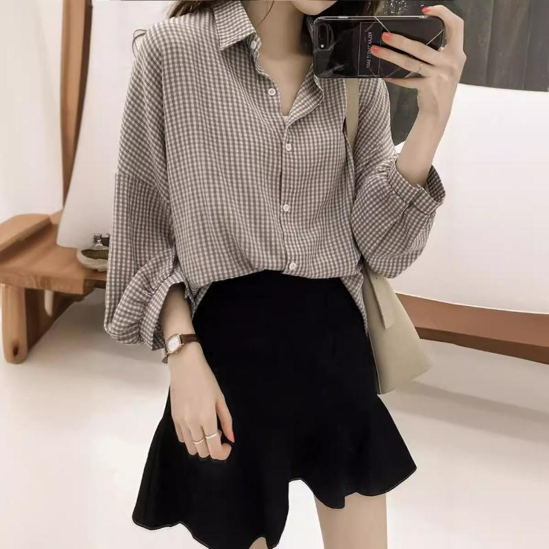 

Early Autumn Women s Hong Kong Style Loose BF Lantern Sleeve Plaid Shirt Women s Long-sleeved Blouse Shirt Jacket Trend 4XL синій