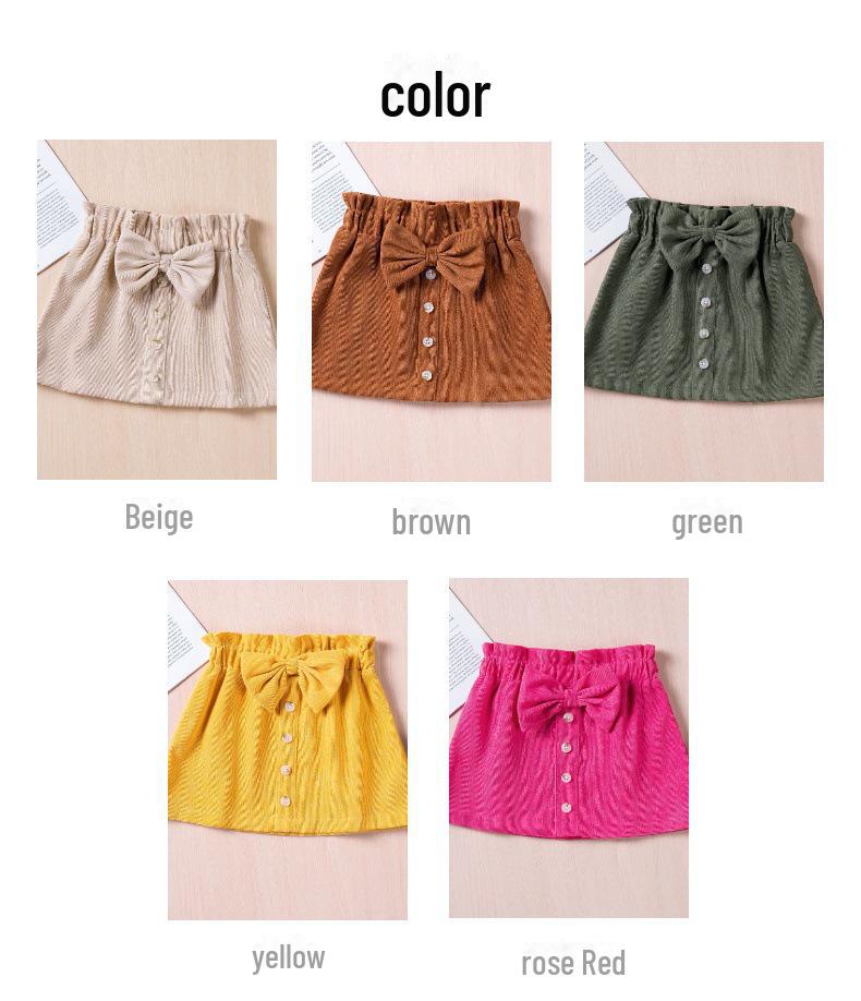 2024 Spring/Autumn Girls' Corduroy Bow Skirt - Solid Color, Single-Breasted, Fashionable.