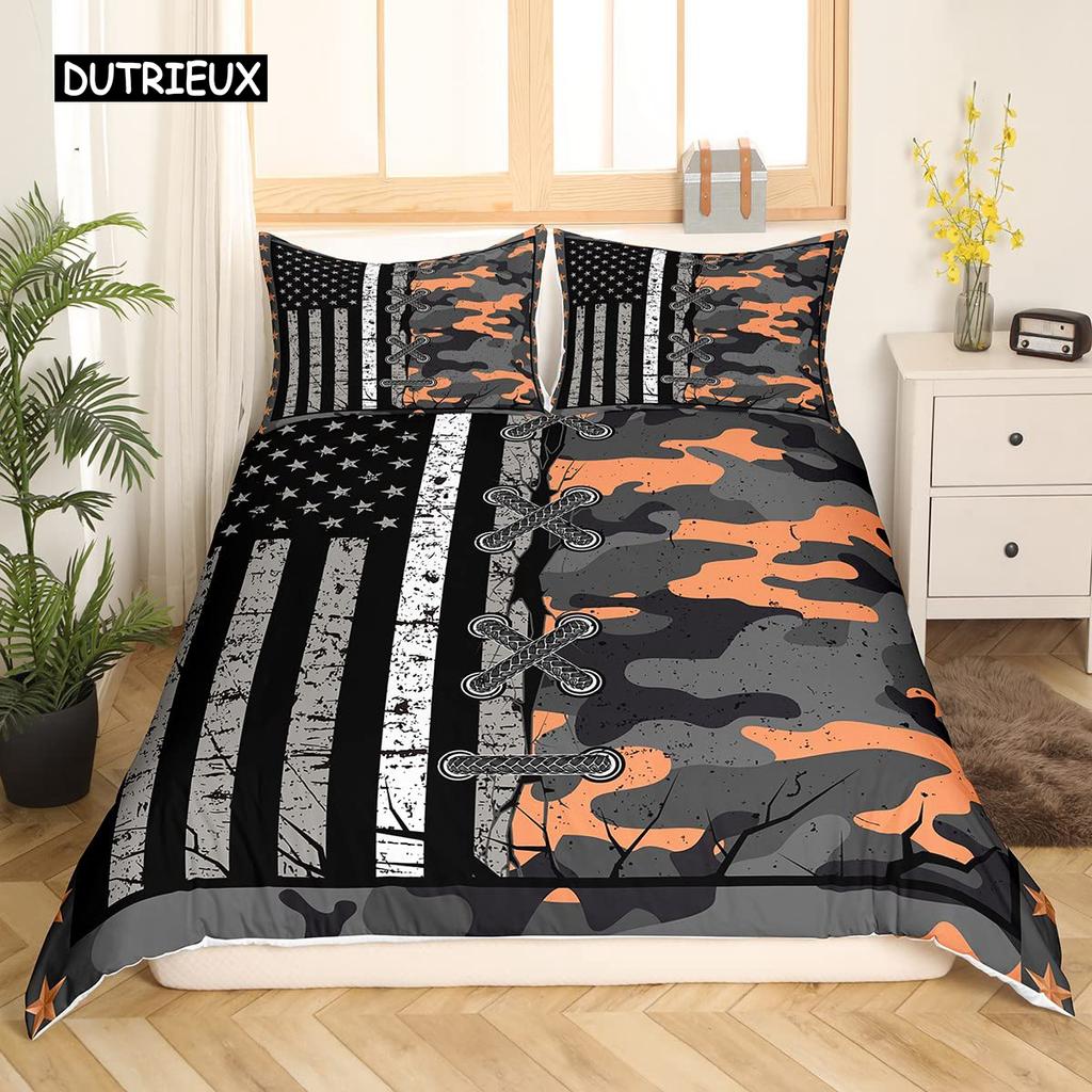 American Flag and Fire Truck Duvet Cover Set Twin Comforter Cover with Pillowcase Bedclothes USA Flag Fire Polyester Qulit Cover