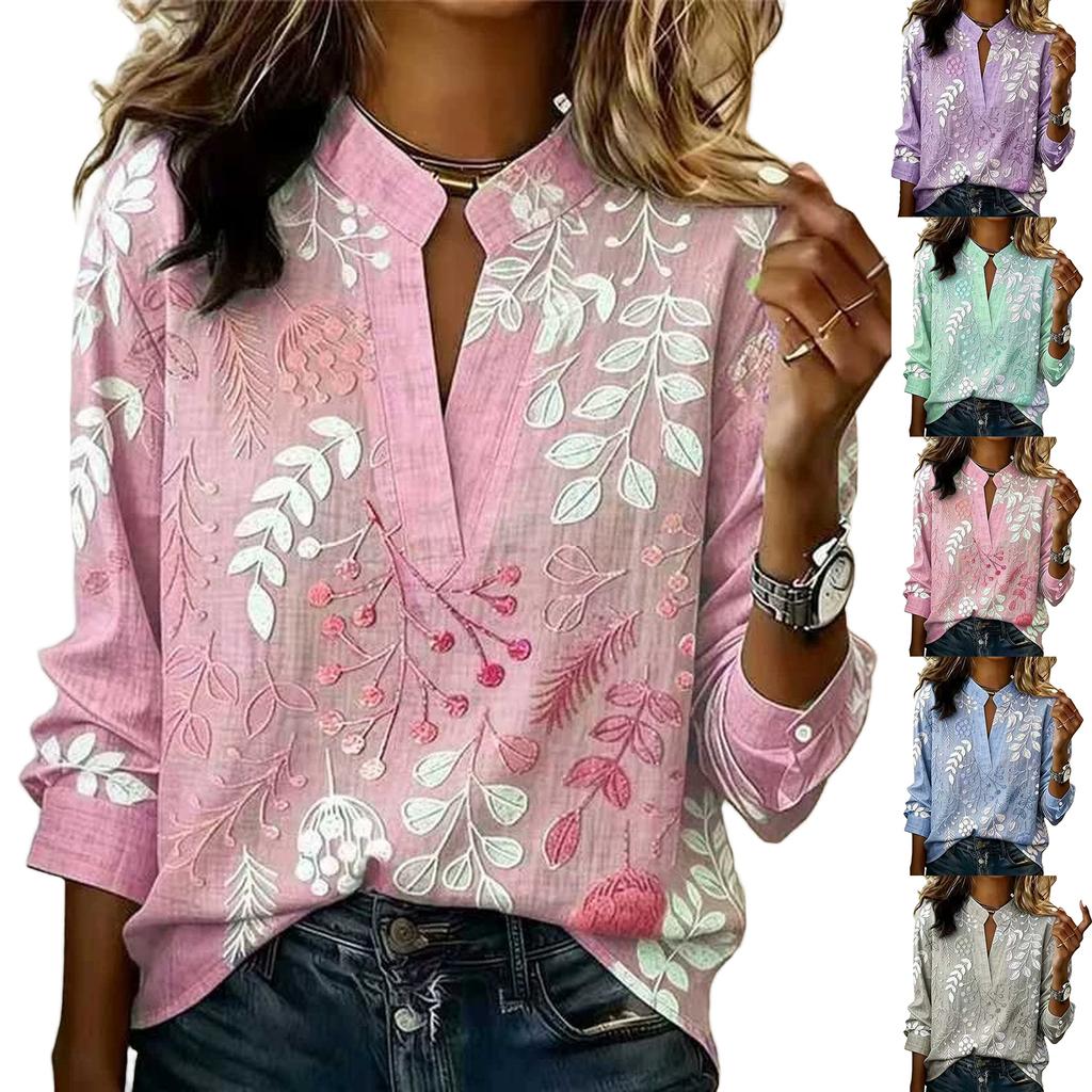 Women's Elegant Printed V-Neck Long Sleeve Slim Fit Top for Work and Everyday Wear