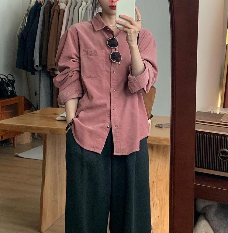 

Женская ретро розовая вельветовая рубашка-куртка - осенне-зимний топ с длинным рукавом L (100-115 jin) розовый