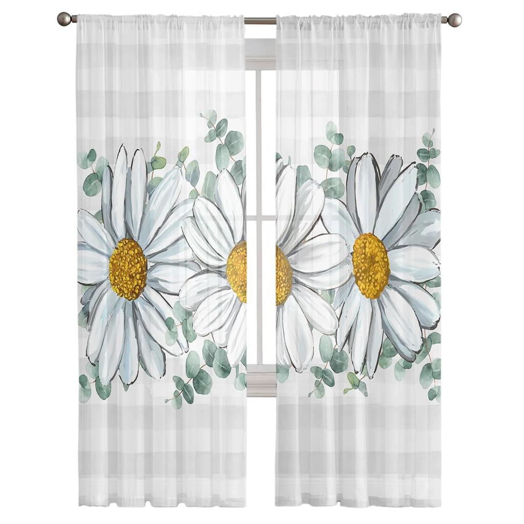 Summer White Daisy Watercolor Grid Sheer Curtains for Living Room Bedroom Kids Room Tulle Window Treatment Drapes