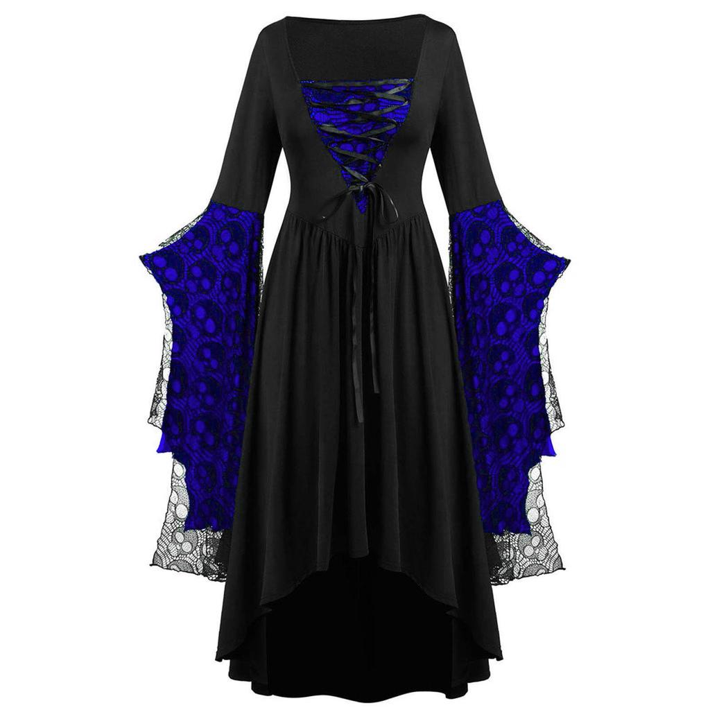 Kvinner Europeisk Retro middelaldersk domstolstil Halloween Cosplay-kostyme Voksen Skull Strap Dress Up Festantrekk