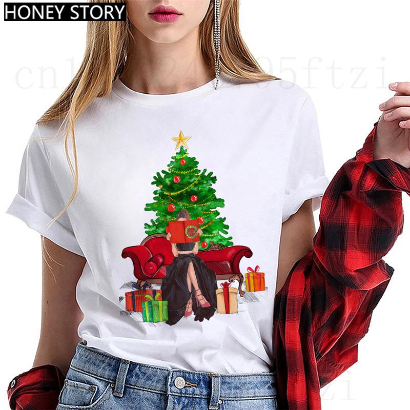 Fashion Cartoon Christmas Tree Graphic Women T-Shirts Summer Short Sleeve O-Neck Female Tops Streetwear Y2K Clothing