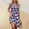 Women's Summer V-neck Casual Beach Vacation Style Vintage Floral Print Sleeveless Splicing Dresses