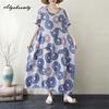 Bohemian Stil Sommer Damen Übergröße Kleid O-Ausschnitt Blau Grün Print Vintage Oversized Baggy Kleid Kurzarm Lässig Locker Midi Kleid