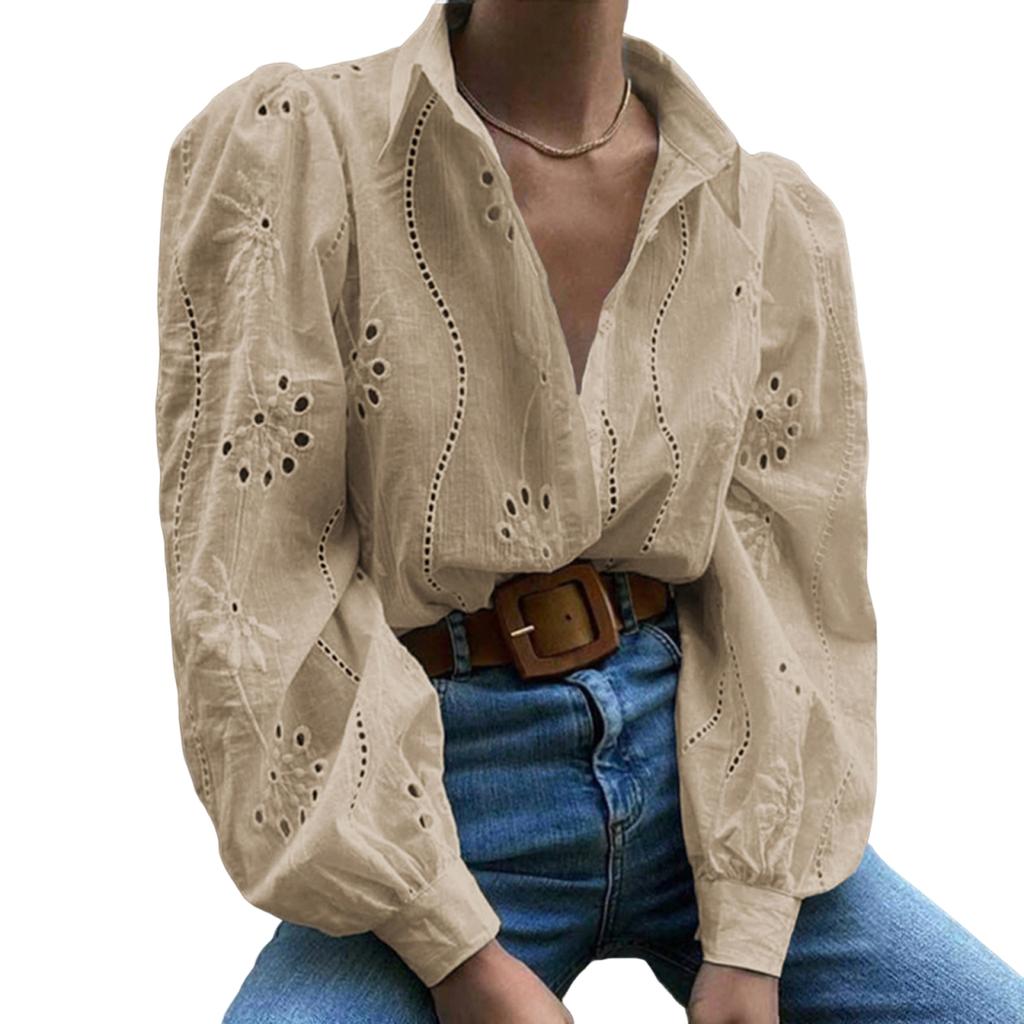Women's Fashion Casual Hollow-Out Puff Sleeve Solid Color Long-Sleeve Top